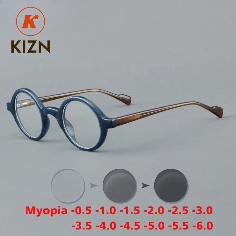 

KIZN ацетатные антисиние очки в оправе для близорукости мужские круглые ретро обесцвеченные очки женские очки по рецепту на заказ от -50 до -6,0