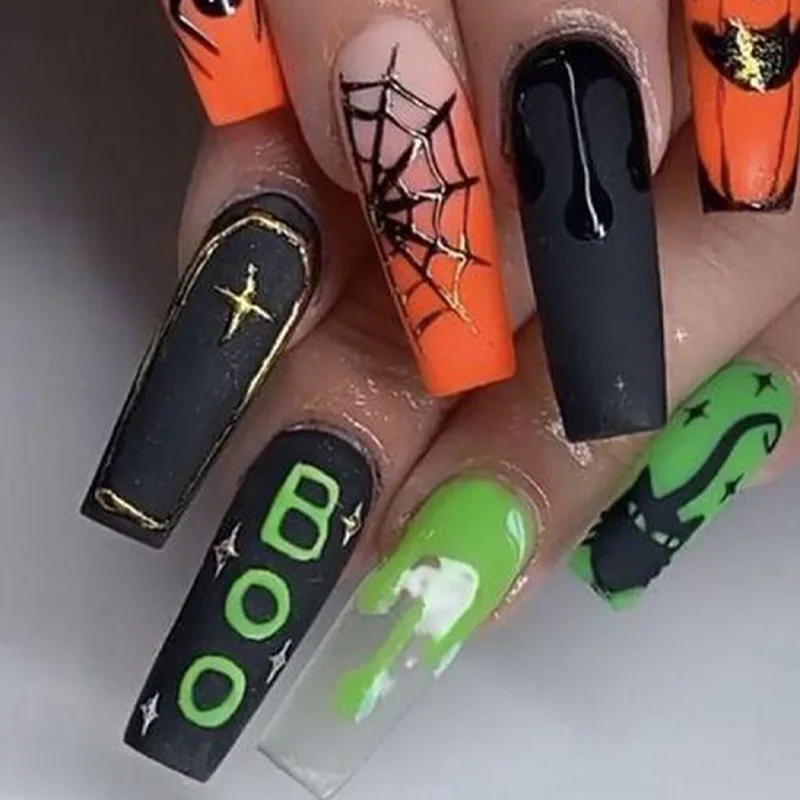 Nail Art Halloween Nail Piece 2024 Wearable Long INS Style Horror Spider Web Nail Piece Nail Art Patch Finished Product