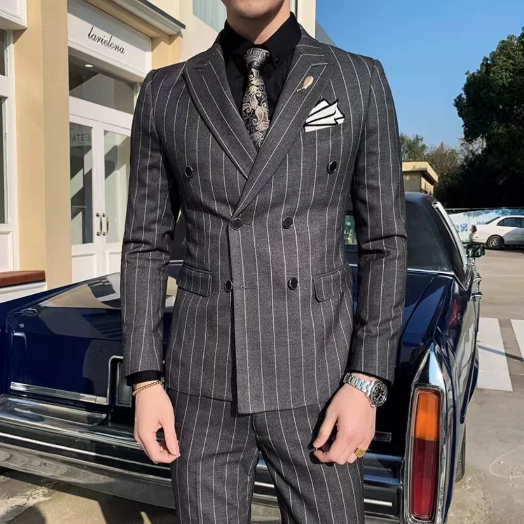 Formal Men\'s Striped Suit Two-Piece Blazer Vest Pants Set Slim Fit Classic Tuxedo Set for Wedding Party Business