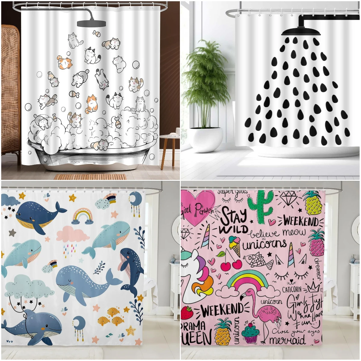 Cartoon Bathing Animal Print Shower Curtain Cute Cats Whale Unicorn Hand-painted Graffiti Kid Child Bathroom Decor Bath Curtain