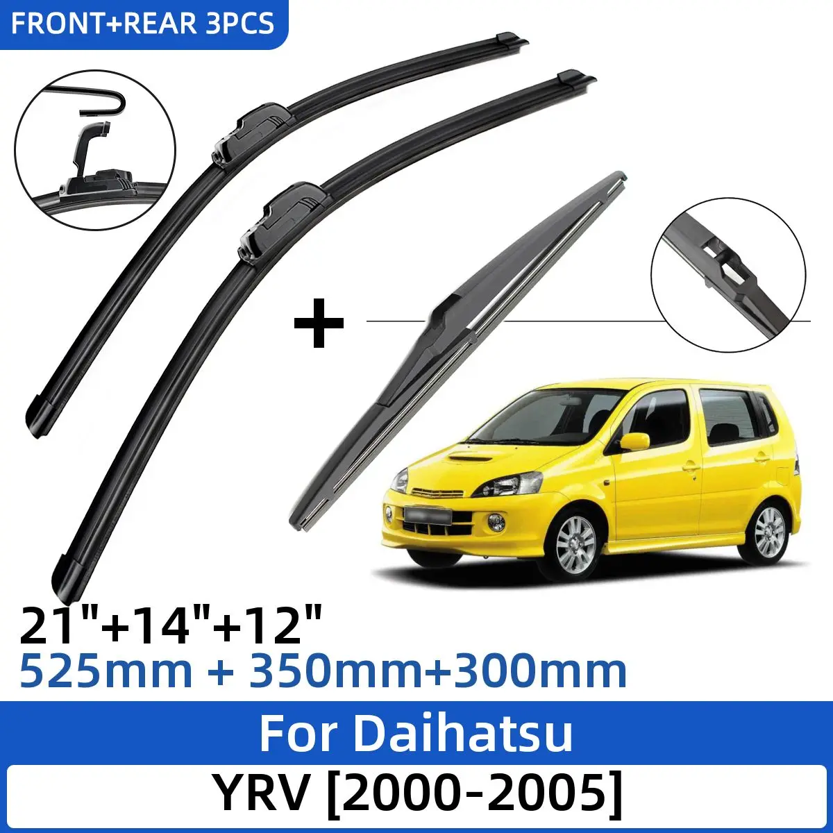 

3PCS For Daihatsu YRV 2000-2005 21"+14"+12" Front Rear Wiper Blades Windshield Windscreen Window Cutter 2001 2002 2003 2004 2005