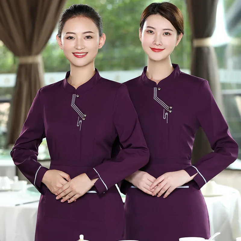 Embroidered Three Bars Waiter Workwear Autumn and Winter Clothes Women's Long-Sleeved Hotel Chinese Restaurant Catering Restaura