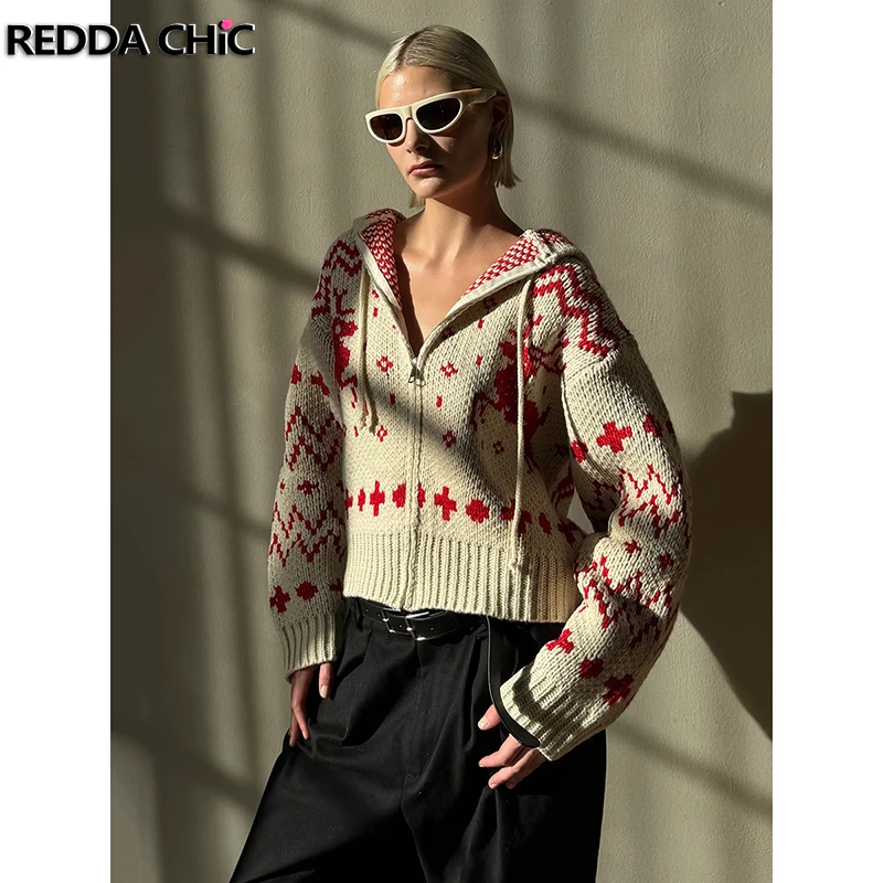 REDDACHiC Zip Up Chunky Knit Jacket Coat Women Warm Winter Long Sleeves Loose Hooded Cardigan Sweater Christmas Holiday Outwear