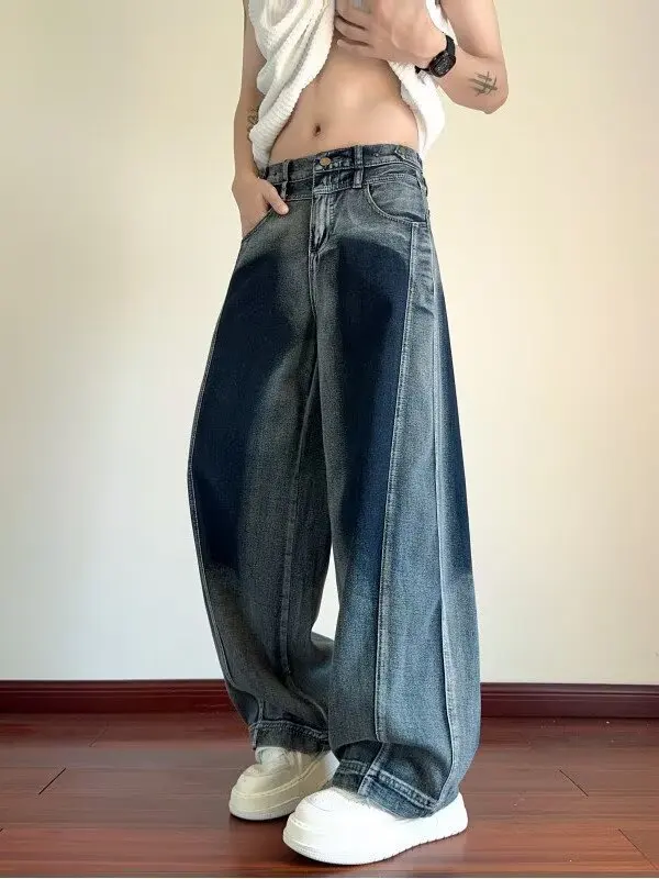 Американские мужские джинсы в стиле ретро, повседневные свободные прямые длинные брюки, осенние модные брендовые уличные широкие длинные джинсы, брюки Y2K