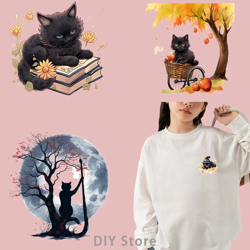 Black Cat Autumn dtf dtf transfers ready to press iron on heat transfer patches for clothing Heat Transfer On Clothes.