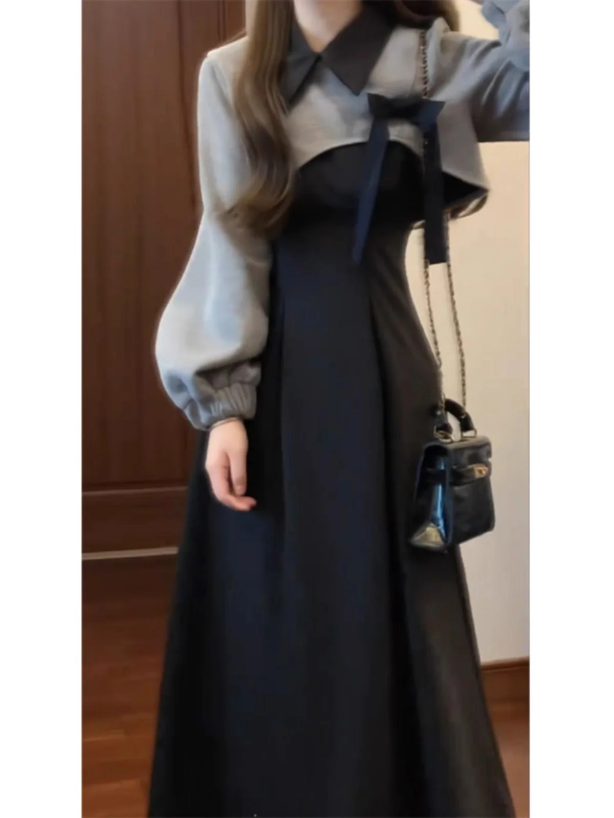 

Early Autumn Long Dr Set Women's Faion Korean Sle Two-Piece Suit Midi Skirt Collar Long Sve Slim Fit College S...