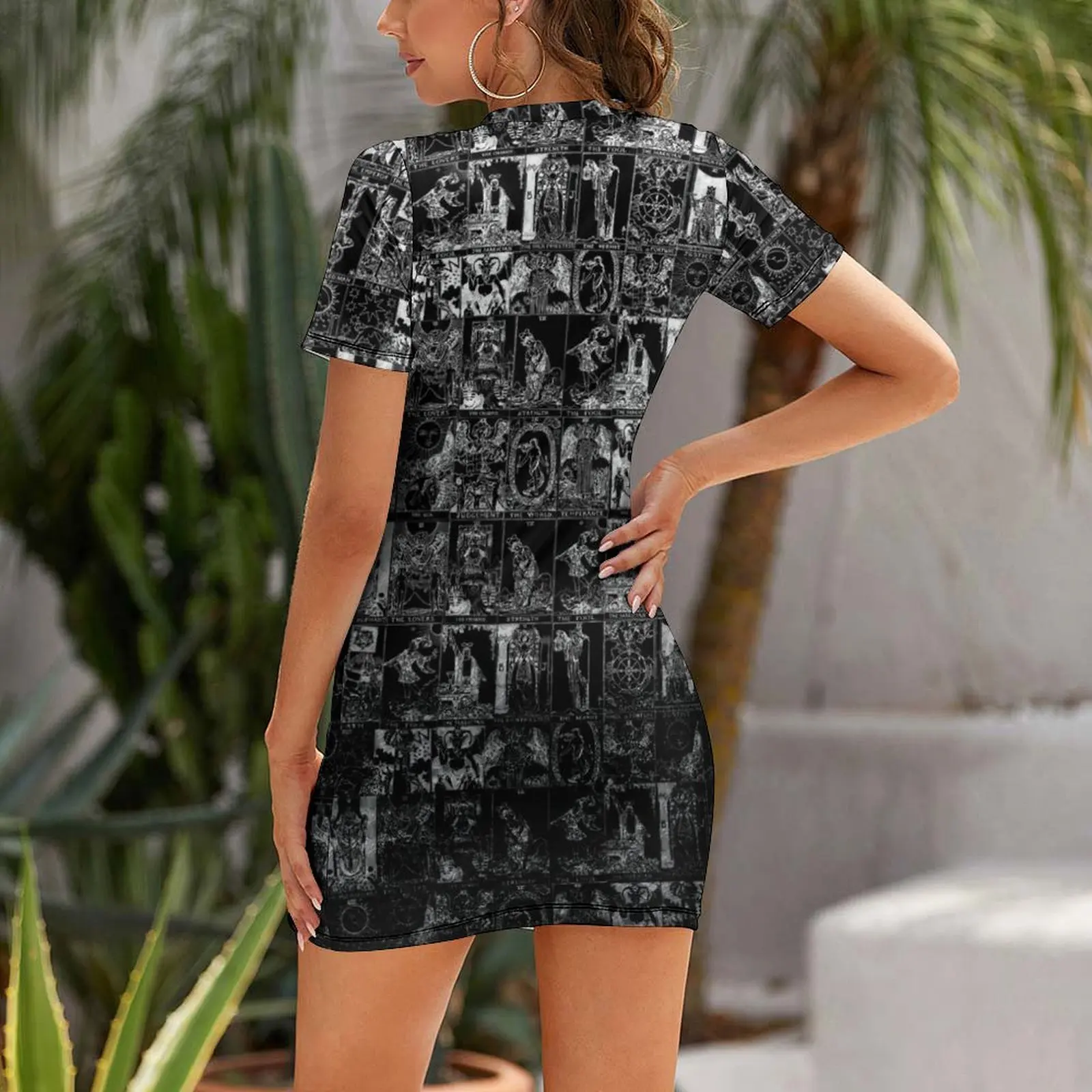 Silver and Black Major Arcana Tarot Pattern Short Sleeved Dress women clothing 2025 new arrivals evening dress woman Dress