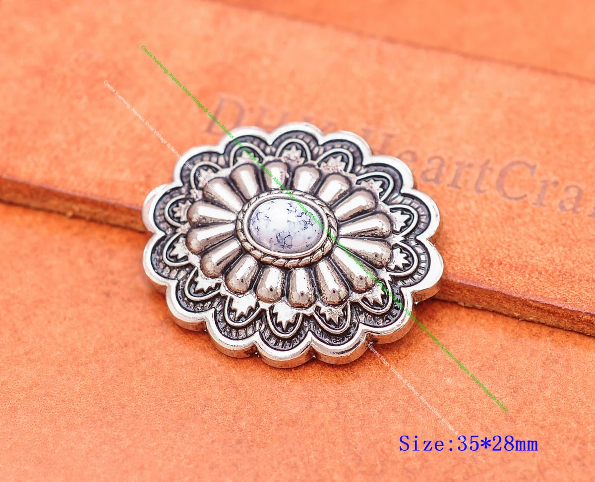 35*28MM Antik Silber Ethnische Indische Blumenkunst Himmelblau Türkis Concho Screwback Für Lederhandwerk Gürteltasche Hut Hardware – Detail 3