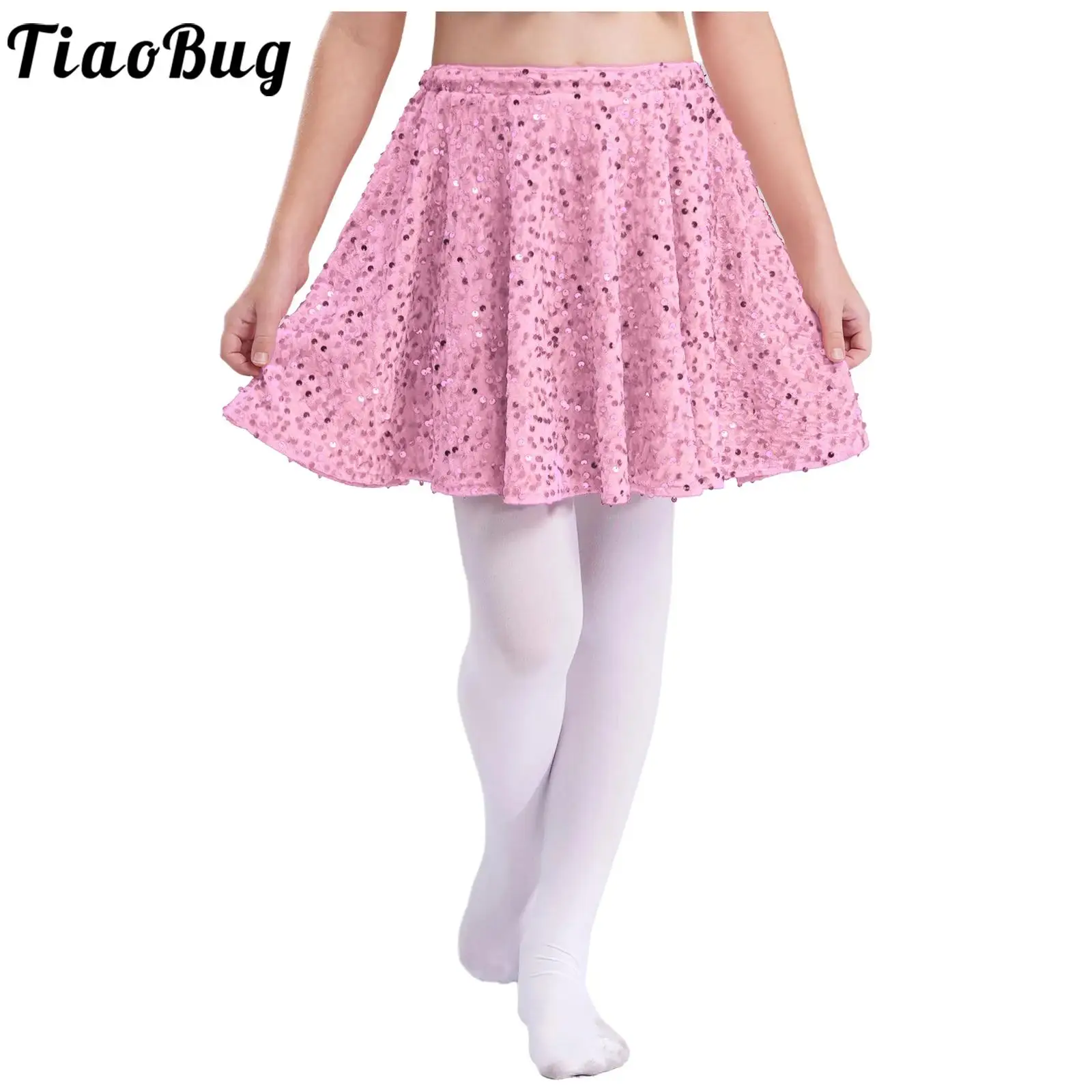 

Kids Girls Sparkling Sequins Jazz Dance Skirt Modern Cheerleading Dancewear Ruffled Skirts for Christmas Party Stage Performance