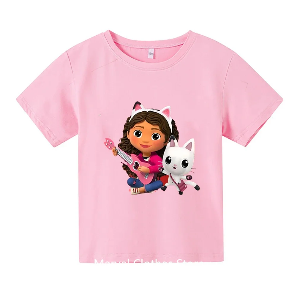 Kawaii Gabby Dollhouse T-shirt for Children Girl Cartoon Tees Anime Summer Top Themed Birthday Clothes O-neck Short Sleeve Gift