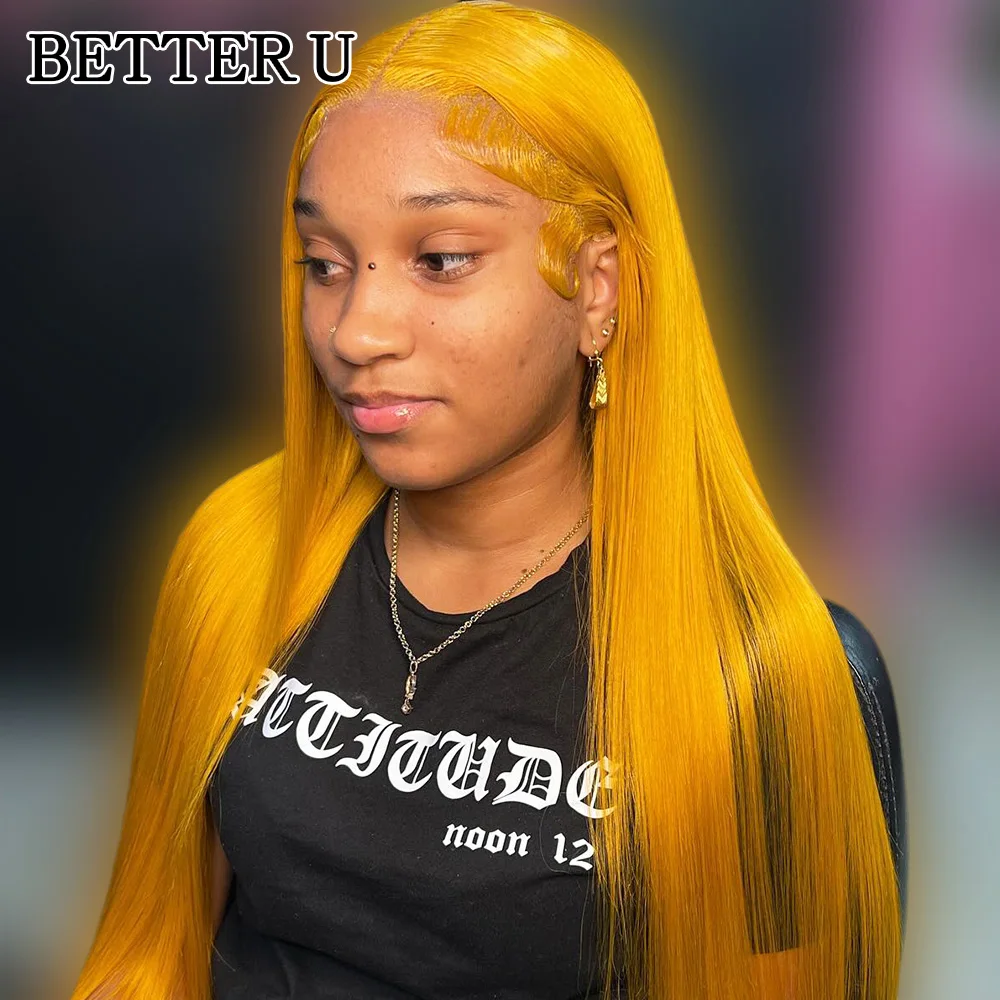 100% خصلات الشعر المستعار الإنسان مستقيم أصفر داكن الدانتيل الباروكات الأمامية قبل قطعها الملونة شقراء 4x4 الدانتيل إغلاق شعر مستعار للنساء 36 38 بوصة #2