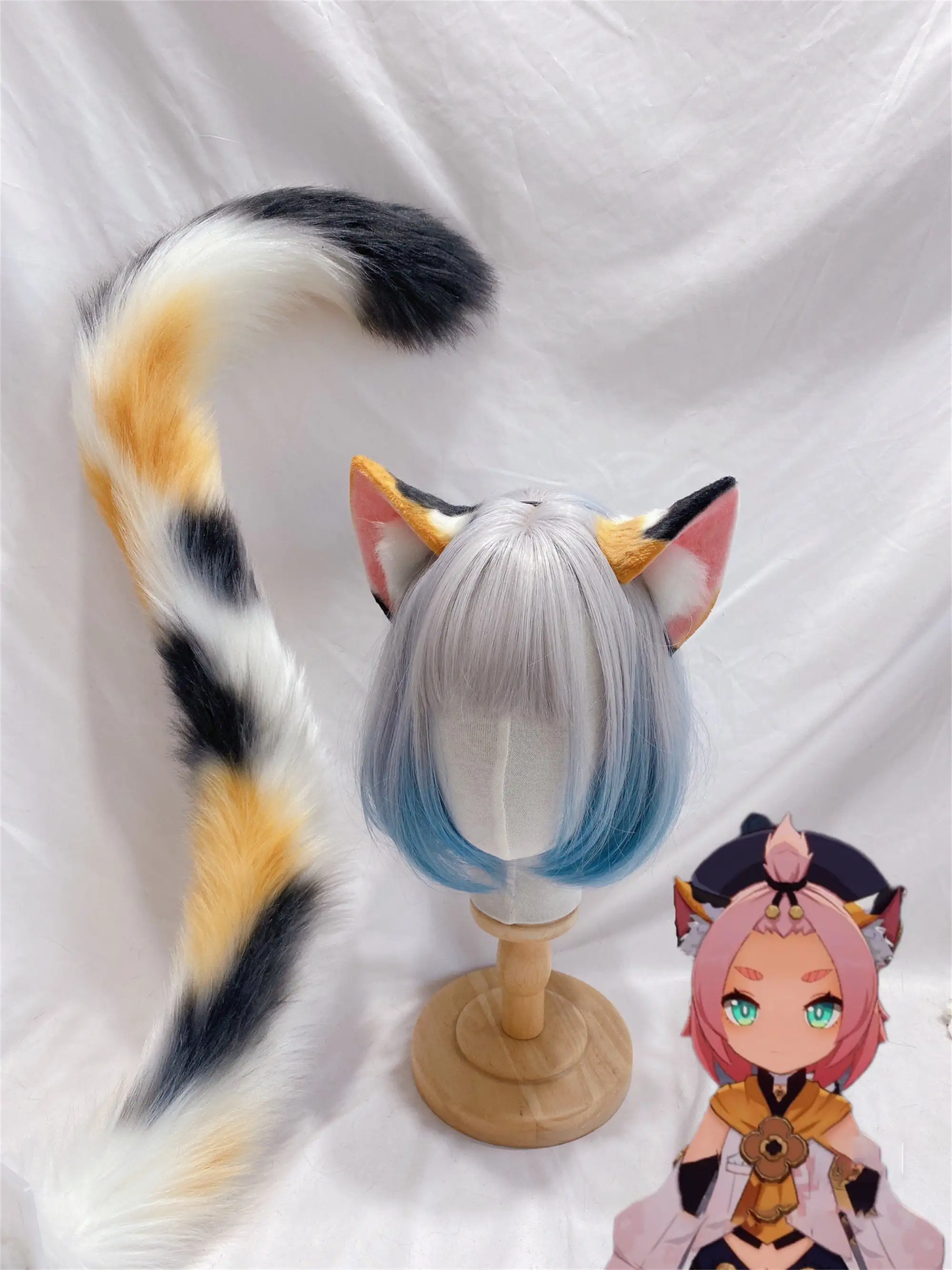 Genshin Diona Handmade Three-Color Cat Kitten Ears Tail Furry Costume Cute Cat Ears Anime Halloween Party Role Playing