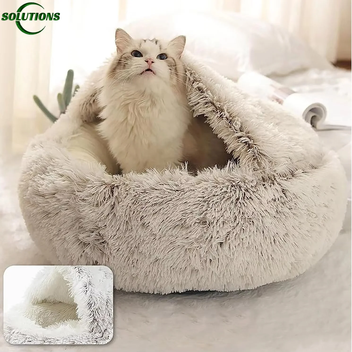 Cat Bed Soft Plush Covered Circular Enclosed Round Cat Bed Kitten Cushion Comfortable Sleep Bag Cat Nest Kennel For Small Pet 