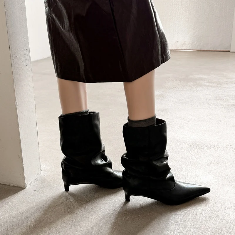 Winter 2027 Fashion Genuine Leather Pleated Short Boots Pointy Toe Med Kitten Heels Young Lady Modern Woman Ankle Boots Dress - view 4