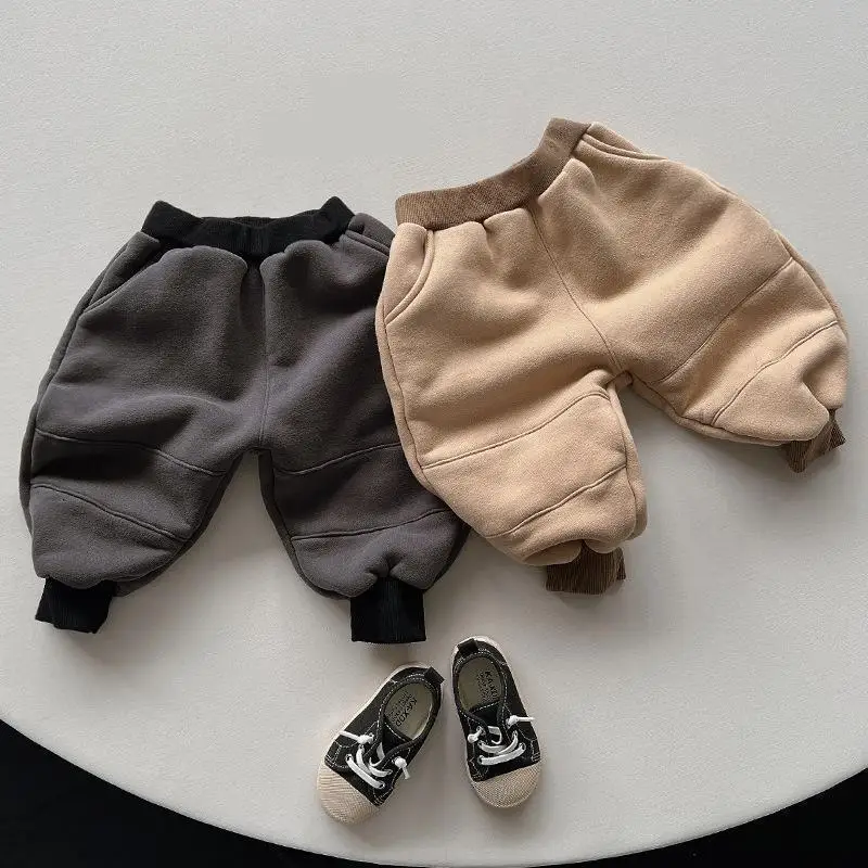 

2024 Winter New Children Warm Pants Solid Boys Girls Casual Pants Baby Plus Velvet Thick Trousers Solid Infant Harem Pants