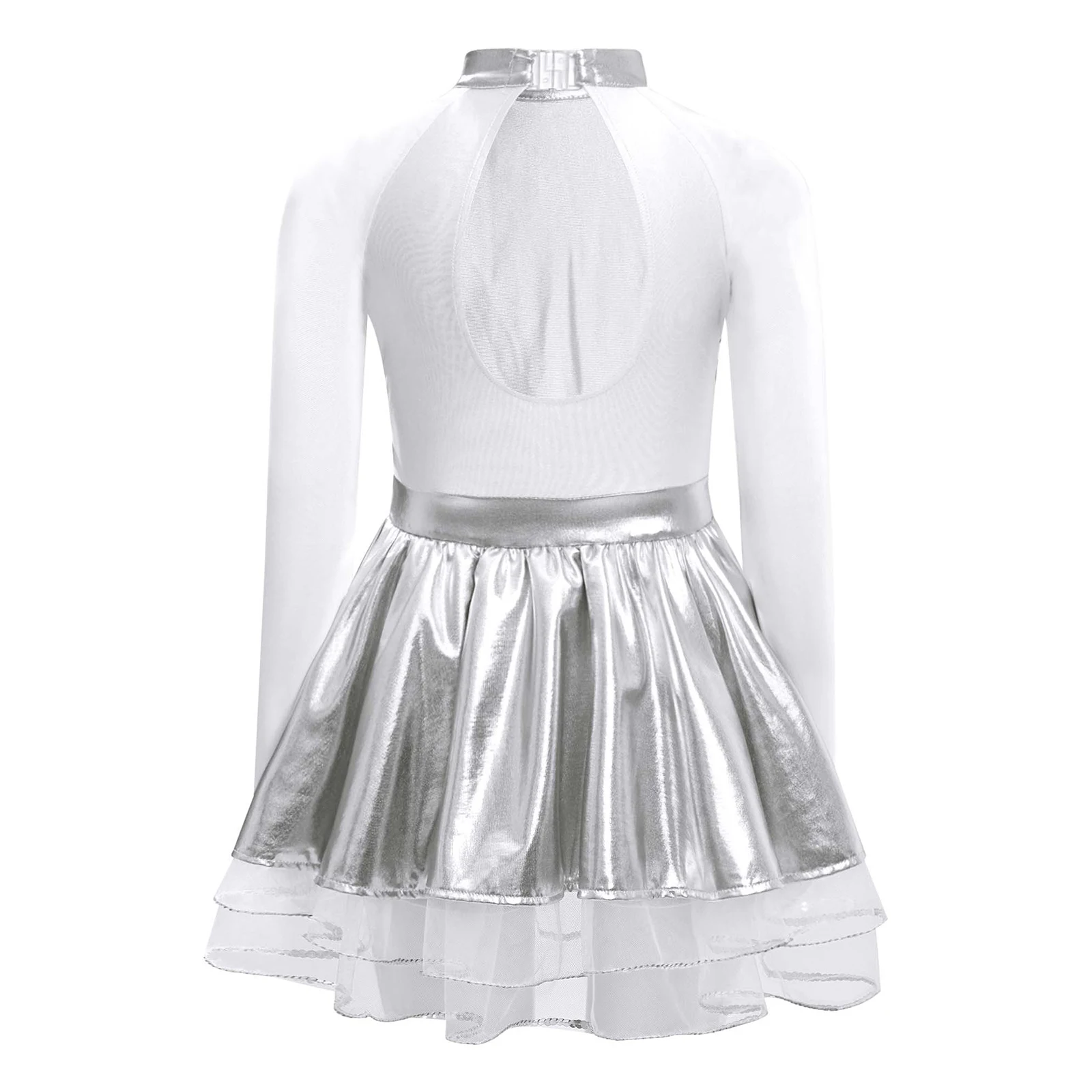 Girls Sequin Ballet Dance Tutu Leotard Dress Long Sleeve Layered Tulle Dress Figure Skating Dancewear for Party Princess Costume