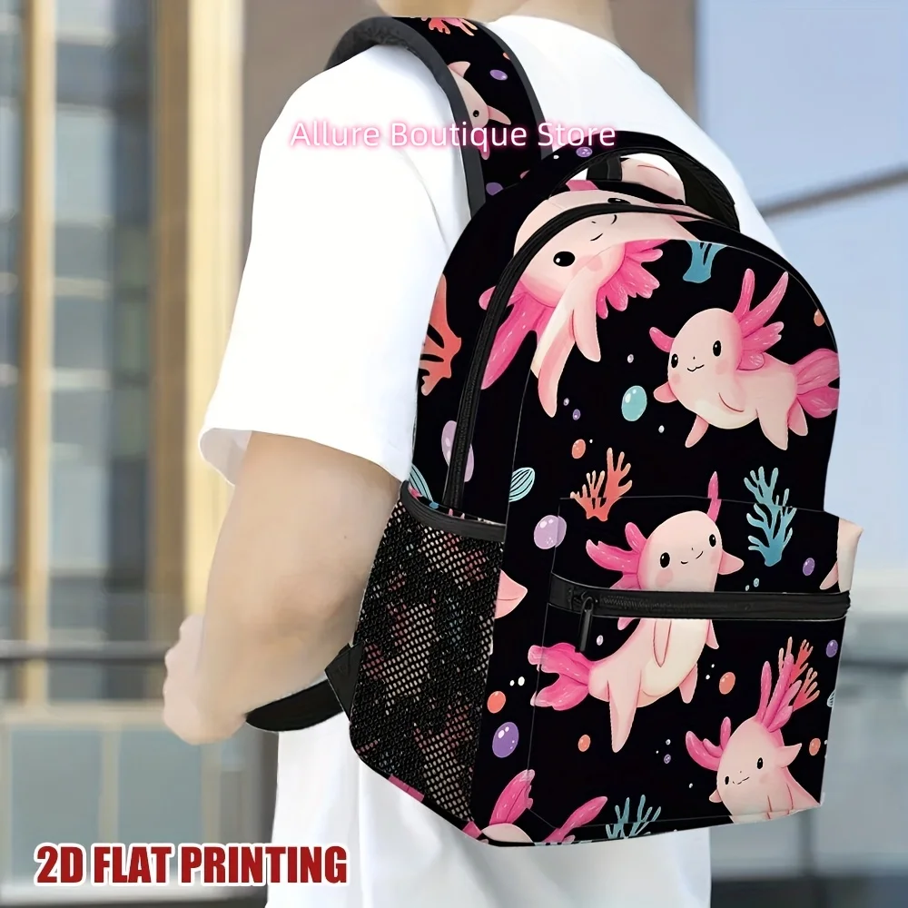 1pc Axolotl Fantasy Backpack - Lightweight, Zipper Closure, Trendy Cartoon Design with Pink & Black Theme, Perfect for School, T