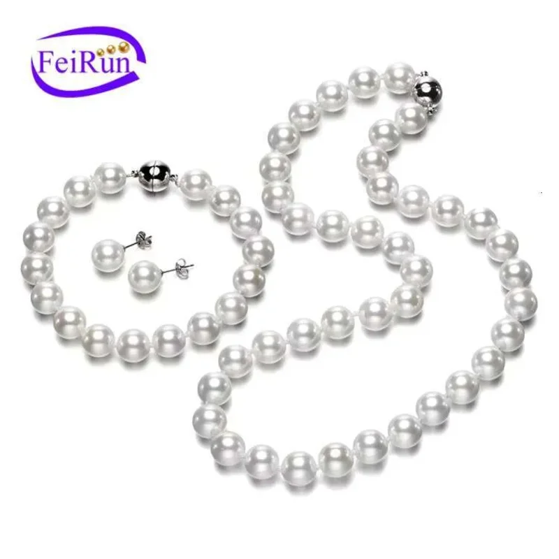 

FEIRUN 8-10mm Round Magnetic Bule Fashion Jewelry Shell Pearl Nelace Set