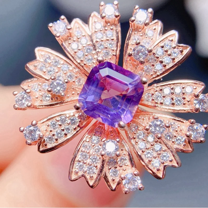 

Женское кольцо из натурального аметиста Ascher, регулируемое серебро 925 пробы, 6X6 мм