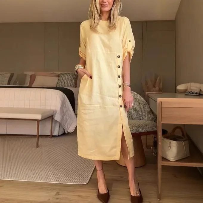 2026年 ラウンドネック 無地 ボタンシャツワンピース レディース 七分袖 通勤 カジュアル ゆったり 夏休みワンピース