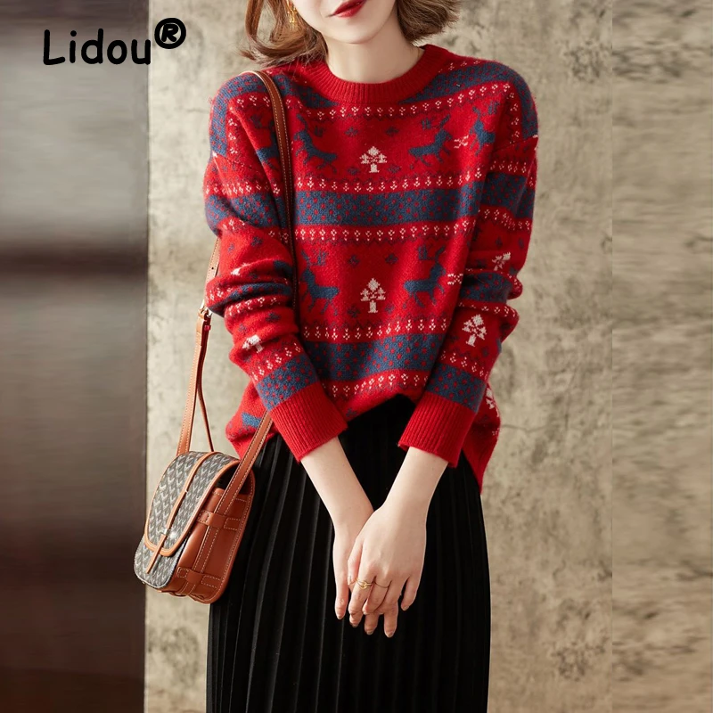 Retro Christmas New Year Elk Jacquard Simple Round Neck Knitted Sweater Women Casual Long Sleeve Slim Pullover Top Female Jumper