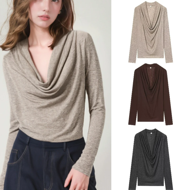 

Women's Lyocell Pleated T-shirt Trendy Sexy Fashion 2025 Fall Seasonal Casual Comfortable Fit T-shirt