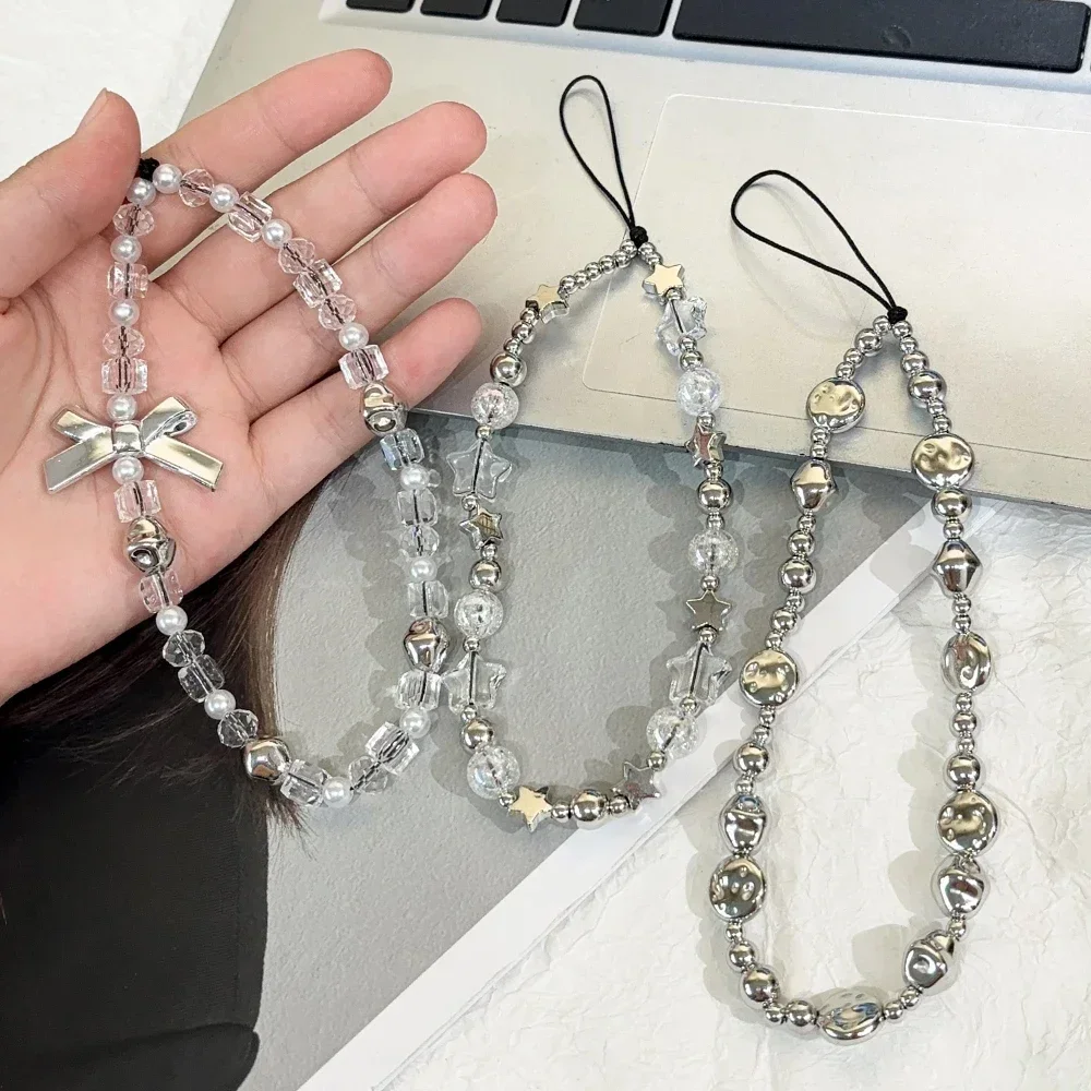 Universal y2k Crystal Pearl Beaded Mobile Phone Chain Lanyard Decoration Trendy Pendant Rope For Bag Anti Lost Wrist Strap Chain