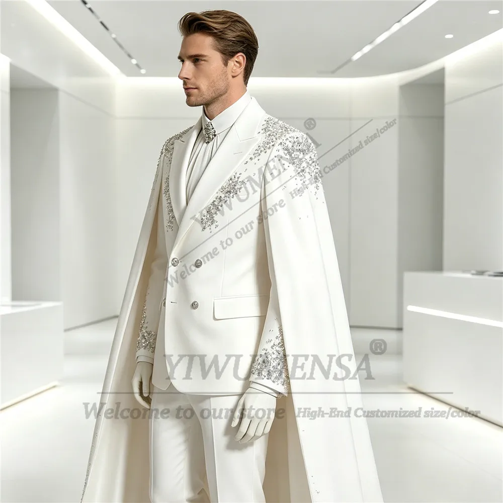 

Exclusive Beading Crystals Suit Men For Wedding High-End Customized Man Prom Blazer With Cape Long Formal Party Groom Tuxedos