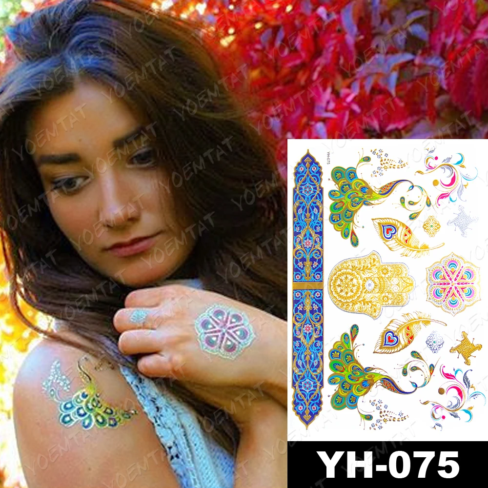 Waterproof Temporary Tattoo Sticker Fawn Tree Star Moon Gold Silver Metallic Flash Tatoo Boho Henna Jewelry Glitter Body Art