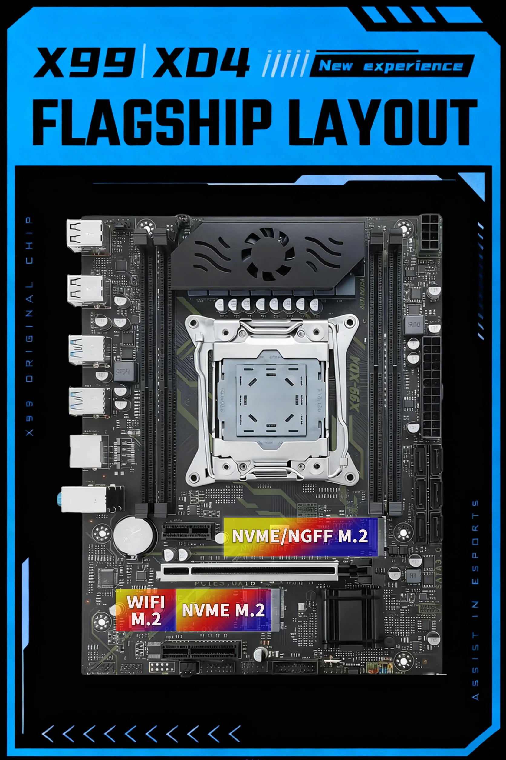 XSJnewwold X99 Motherboard LGA2011-3 V3/V4 8-Phase Power Design VRM Cooling Fan 10 USB Ports NVMe/NGFF M.2 WiFi M.2, 6× SATA 3.0