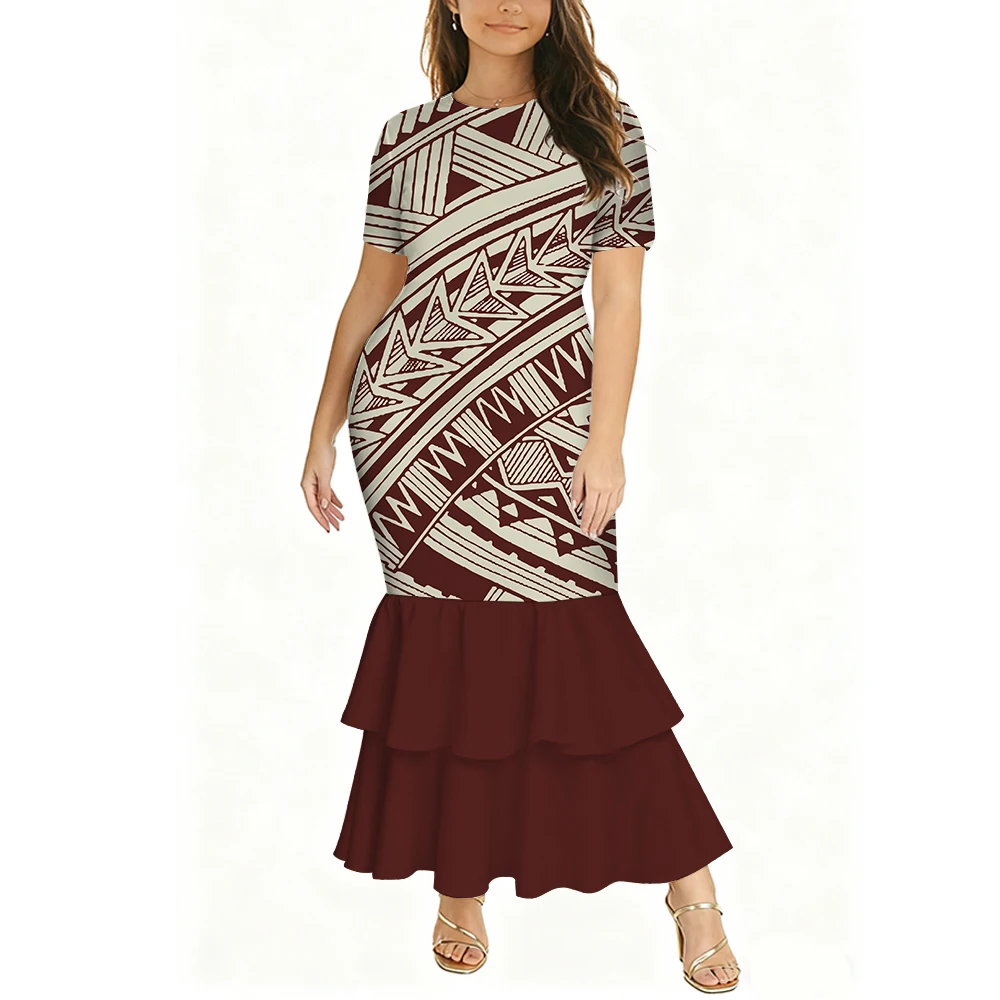 

Polynesian Slimming Short-Sleeved Design With Floral Prints Custom-Made Round-Neck Slim Double-Pleated Fishtail Skirt
