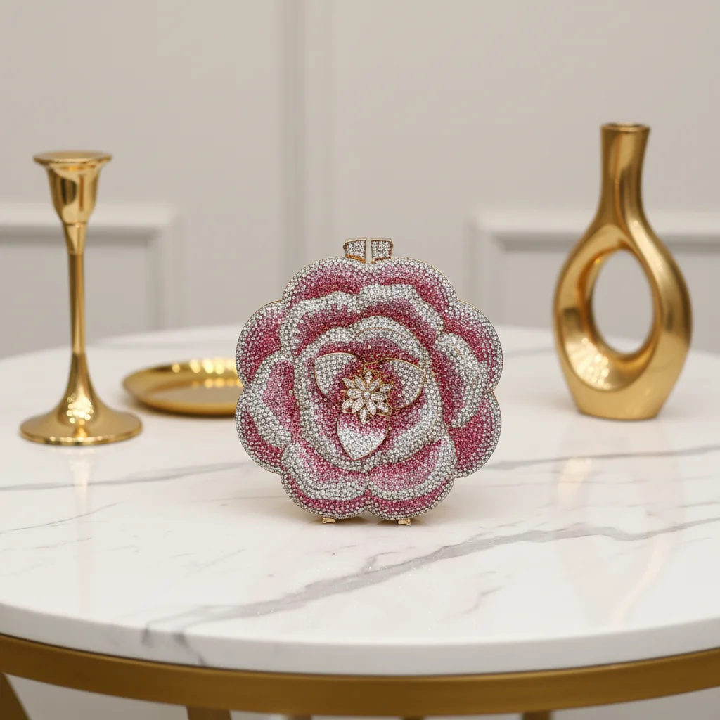 High Quality Handmade Alloy Flower Rhinestone Evening Clutch with Magnetic Clasp for Women's Wedding Banquet Luxury Dinner Bag