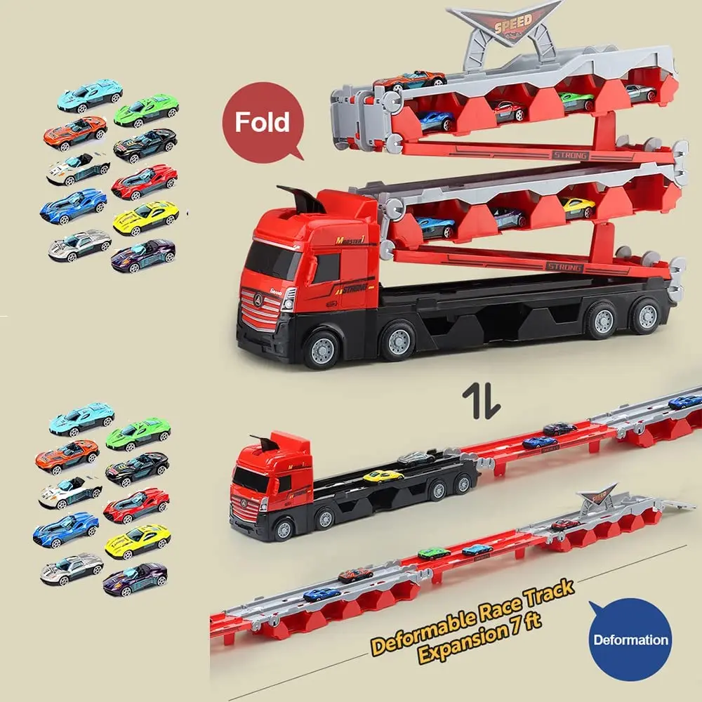 2023 New Mega Hauler Truck with Ejection Race Track, Kids Deform Catapulting Big Truck Storage Car Transporter Truck Toy Set