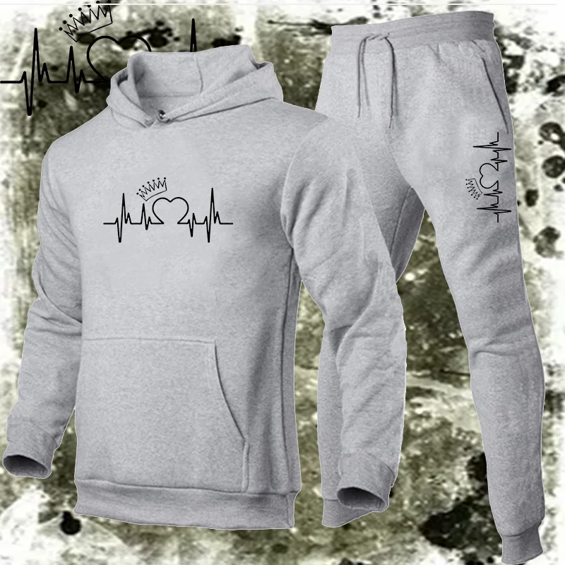 

Men's Suit Heartbeat Line Printed Sweatshirt + Pants Set 2PCS Fleece Sweatshirt Hoodie Autumn & Winter Sweatpants Suit Outwear
