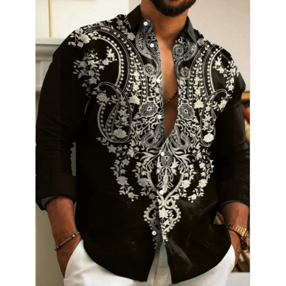 Men's Linen Long Sleeved Shirt With Printed Shirt Retro Casual Fashion Shirt Comfortable Ethnic Pattern And Pattern Male Top ﻿