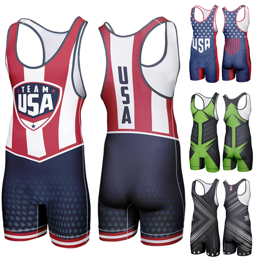 

USA Wrestling Singlets Weightlifting Suit Boxing One Piece Bodysuit Iron Men Gym Sport Fitness Skinsuit PowerLifting Wear