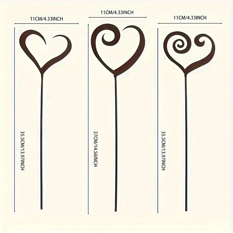 3pcs Rustic Iron Heart-Shaped Metal Flower Pot Decorative Stakes - Freestanding Outdoor Garden Decor for Balcony