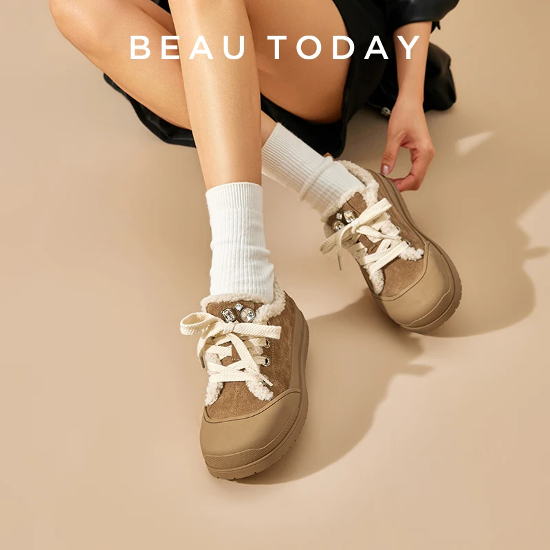 BEAUTODAY Snow Boots Women Cow Suede Round Toe Lace-up Crystal Decoration Winter Warm Plush Casual Flats Female Handmade 22817