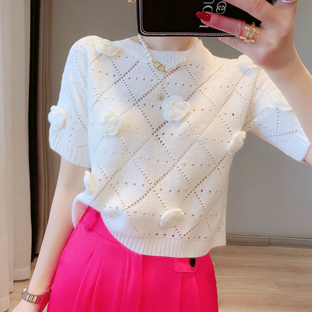 2022 Summer T-Shirt 3D Flower Patchwork Knitted Sweater Crop Tops Women's Short Sleeve Hollow Out Knitwear Pullover Pull Femme