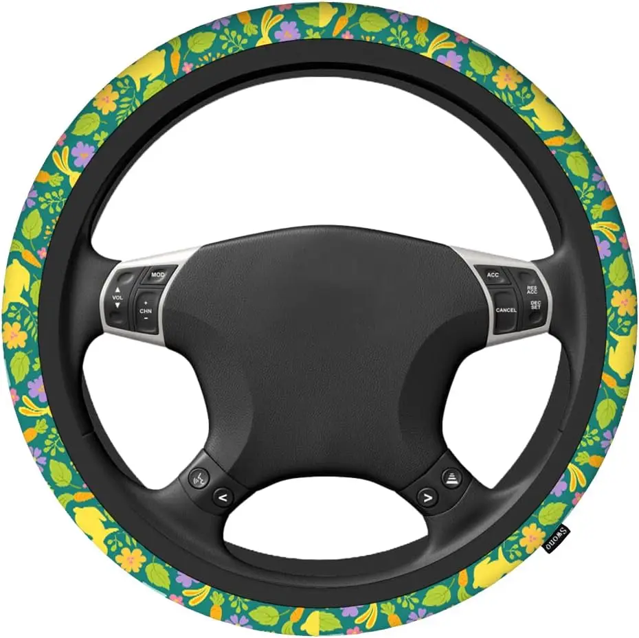 Easter Steering Wheel Cover Colorful Bunnies Carrots Flowers Leaves Anti-Slip Car Wheel Wrap Compatible with Most Auto Car