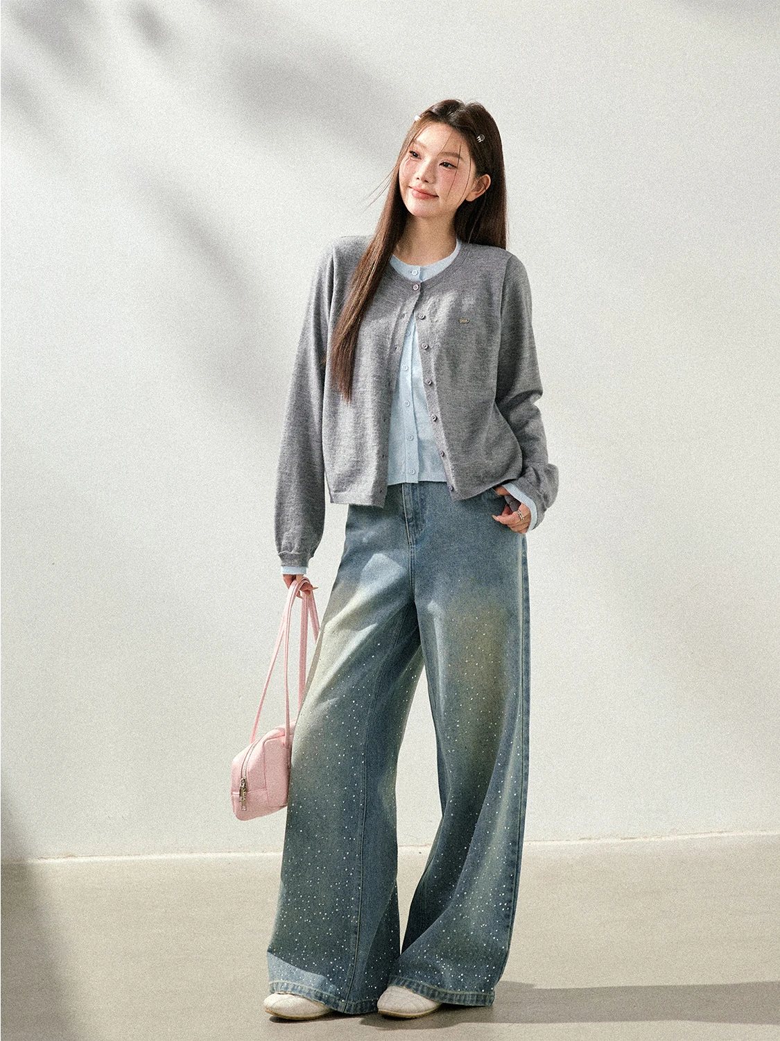 

High Waist Wide Leg Straight Cut Jeans Glitter Drill Korean Sle plus Size Women's Faion Spring Pants Slimming Effect