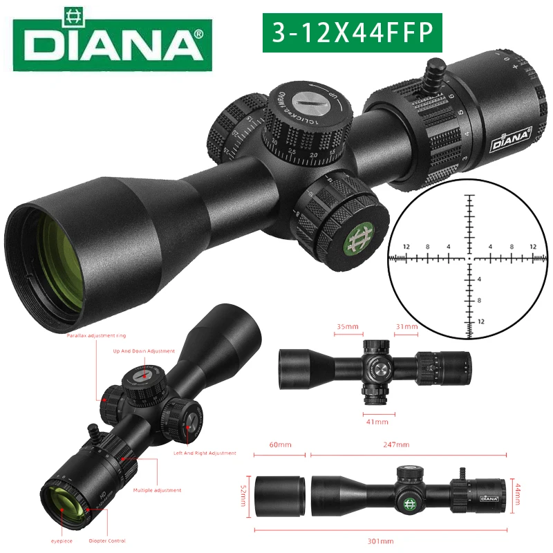 

DIANA HD ED-MOA 3-12X44 FFP Scope First Focal Plane Tactical Riflescope R&G Illuminated Reticle Optics Sight