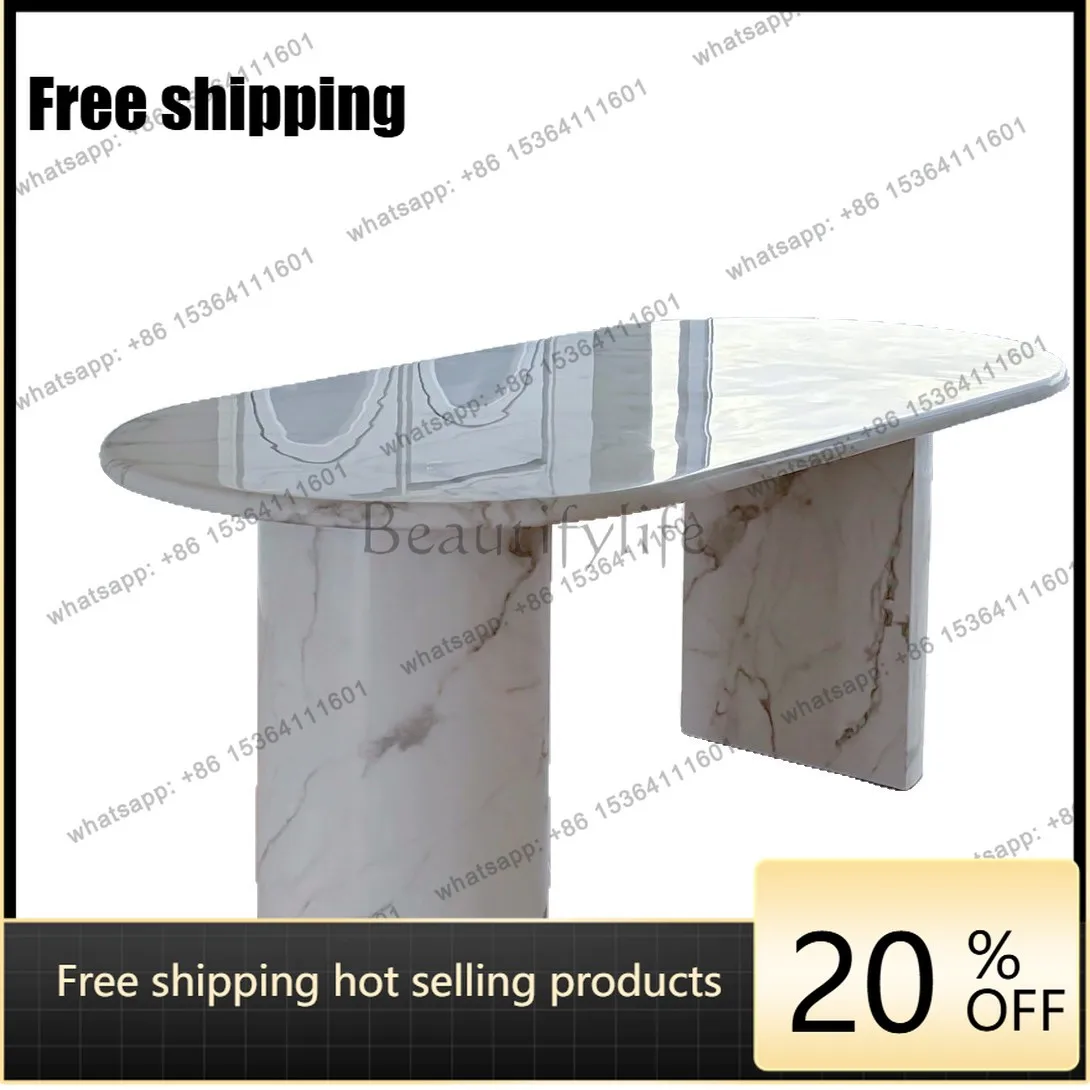 YJ French Cream Style Natural Marble Oval Dining Table Light Luxury Simple White Household Round Dining Table