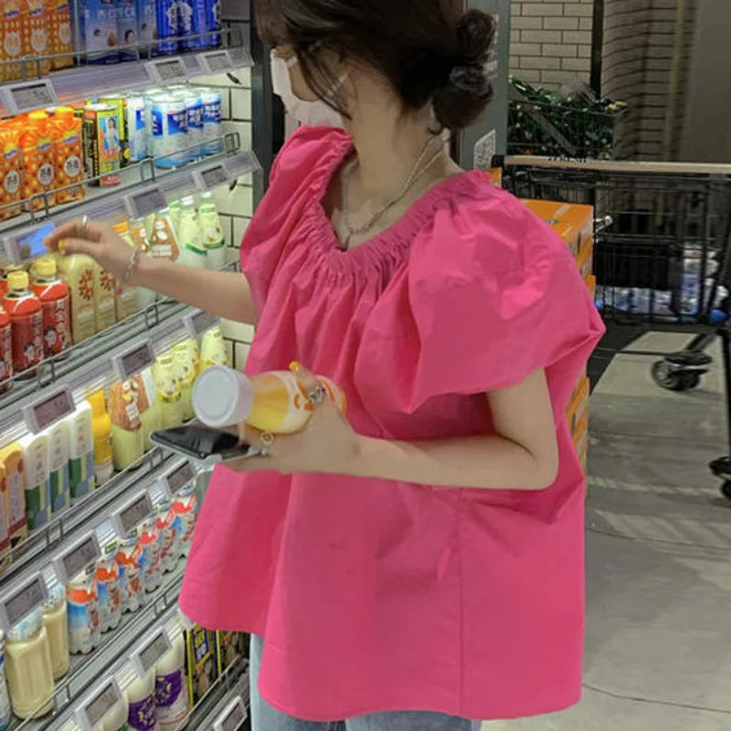 

Blouses Women Hotsweet Girlish Slash Neck Age-reducing Summer Fashion Korean Style All-match Loose Simple New Puff Sleeve Tops