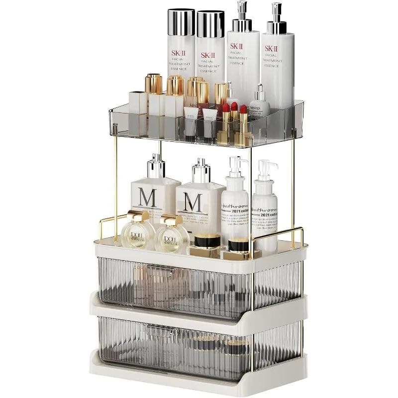 

Makeup Organizer with 3 Drawers and Removable of Top Lipstick Holders, Bathroom Organizer and Dresser Storage