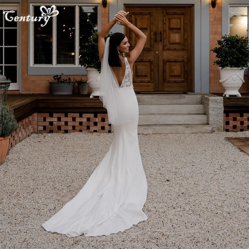 Abito da sposa sexy senza schienale Taglio a sirena Scollo quadrato Applicazioni in pizzo Abiti da sposa rustici Abiti da sposa Boho personalizzati