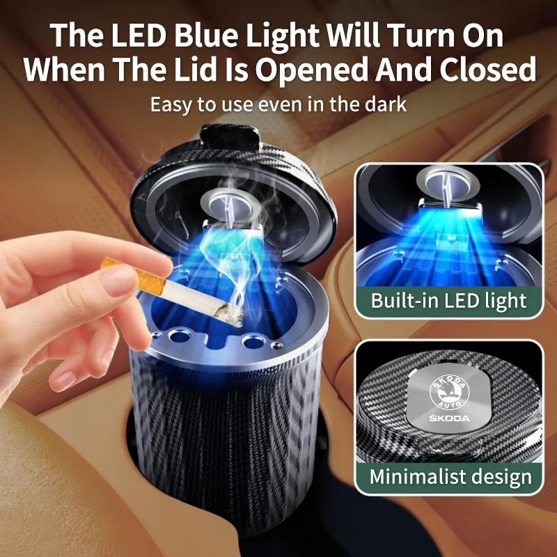 Car LED Ashtray Retardant Ash Holder Cigarette Box Ash Case Accessories For Skoda Octavia Rapid Kodiaq Karoq Fabia Kamiq Superb 5