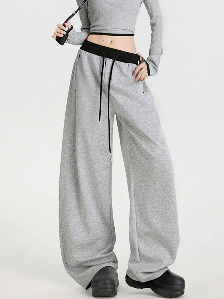 

Y2K Wide Leg Pants Women High Waist Sports Pants Color Contrast Splicing Elastic Waist Korean Street Fashion Casual Trousers