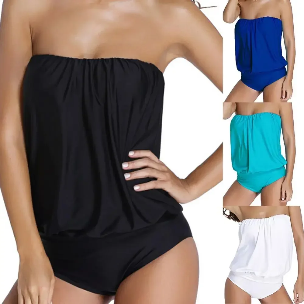 

Women One Piece Swimsuit Solid Color Backless Strapless Sleeveless Sexy Summer Beach Swimwear