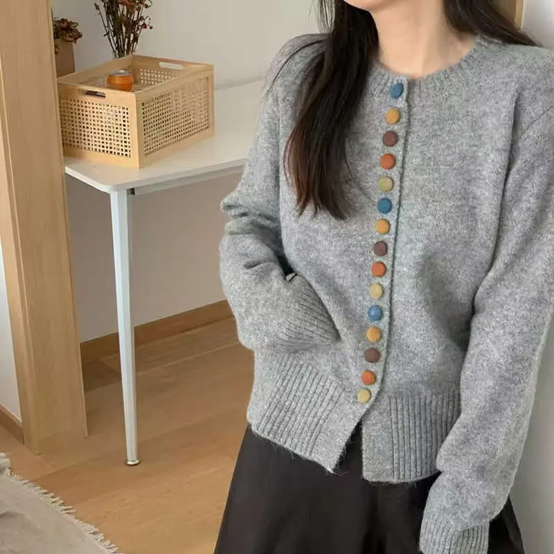 Autumn Winter New Knitted Cardigan Women's Sweater Jacket Multicolor Simple Style With Colorful Buttons N382